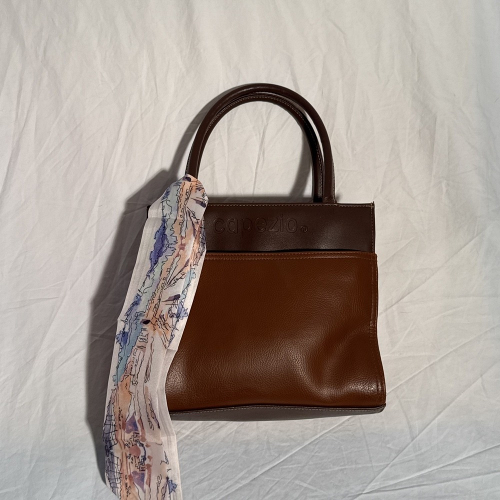 Vintage Capezio Handbag Two Toned Brown Bag Small Satchel Top Handle Purse Scarf